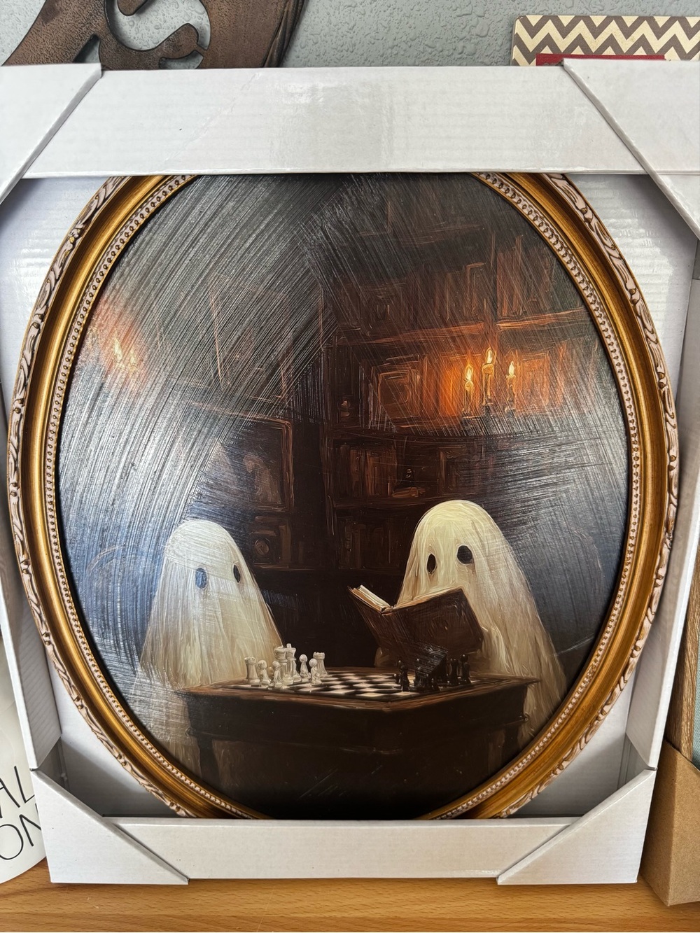 Ghosts Playing Chess and Reading Framed Wall Art - Oval 13” x 17” NEW